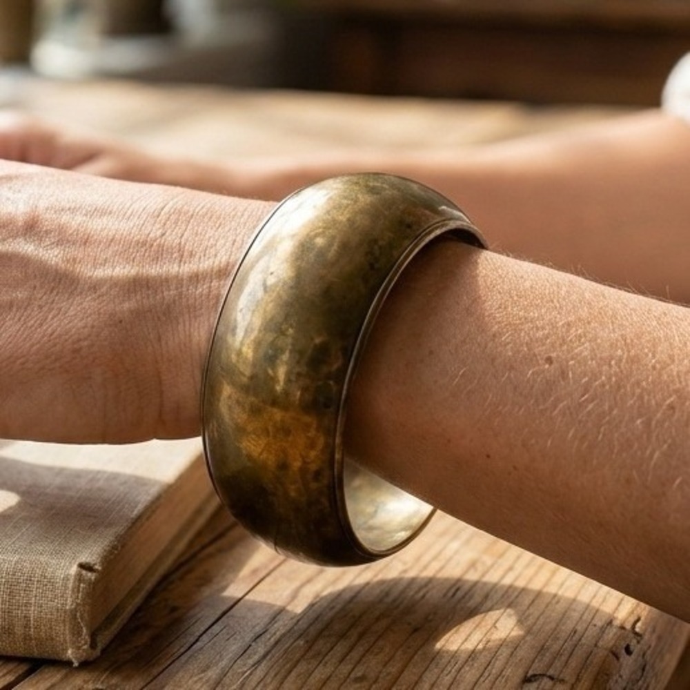 Vintage Solid Brass Bangle Bracelet Wide Stackable Boho Jewelry Made In India